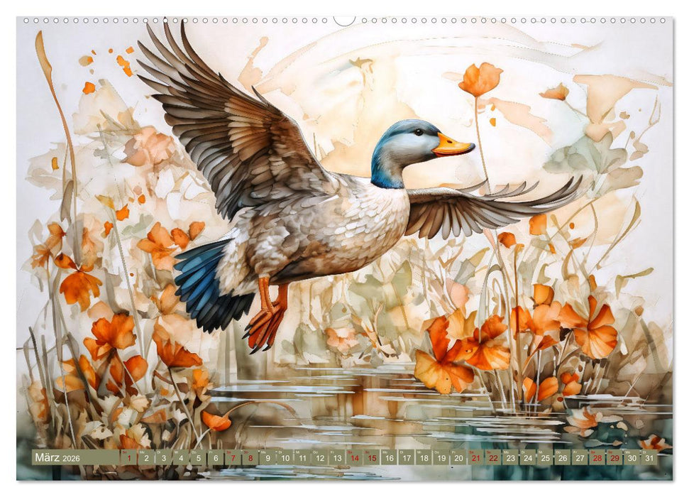 Buntes Treiben am Wasser - Fantasie Aquarelle der Tiere am Gewässer (CALVENDO Premium Wandkalender 2026)
