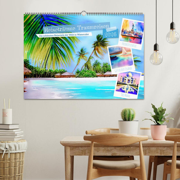Reiseträume Traumreisen. Die schönsten Reiseziele der Welt in Watercolor (CALVENDO Wandkalender 2026)