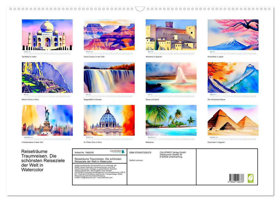 Reiseträume Traumreisen. Die schönsten Reiseziele der Welt in Watercolor (CALVENDO Wandkalender 2026)