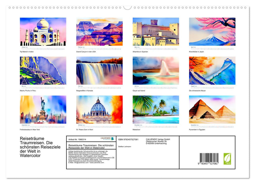 Reiseträume Traumreisen. Die schönsten Reiseziele der Welt in Watercolor (CALVENDO Premium Wandkalender 2026)