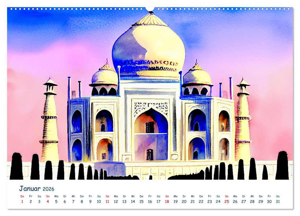 Reiseträume Traumreisen. Die schönsten Reiseziele der Welt in Watercolor (CALVENDO Premium Wandkalender 2026)