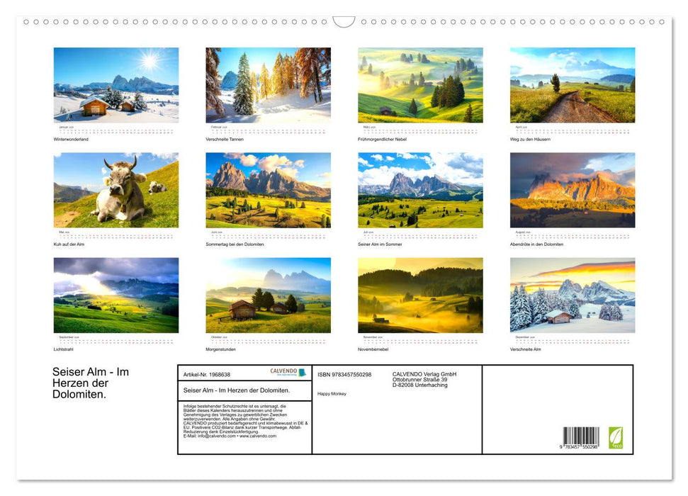 Seiser Alm - Im Herzen der Dolomiten. (CALVENDO Wandkalender 2026)