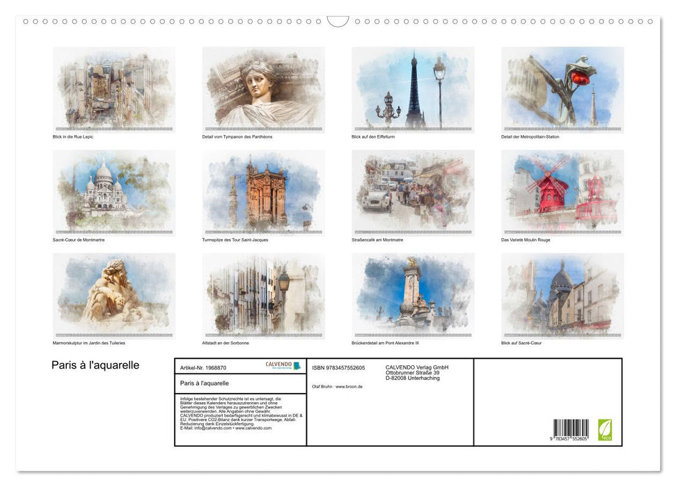 Paris à l'aquarelle (CALVENDO Wandkalender 2026)