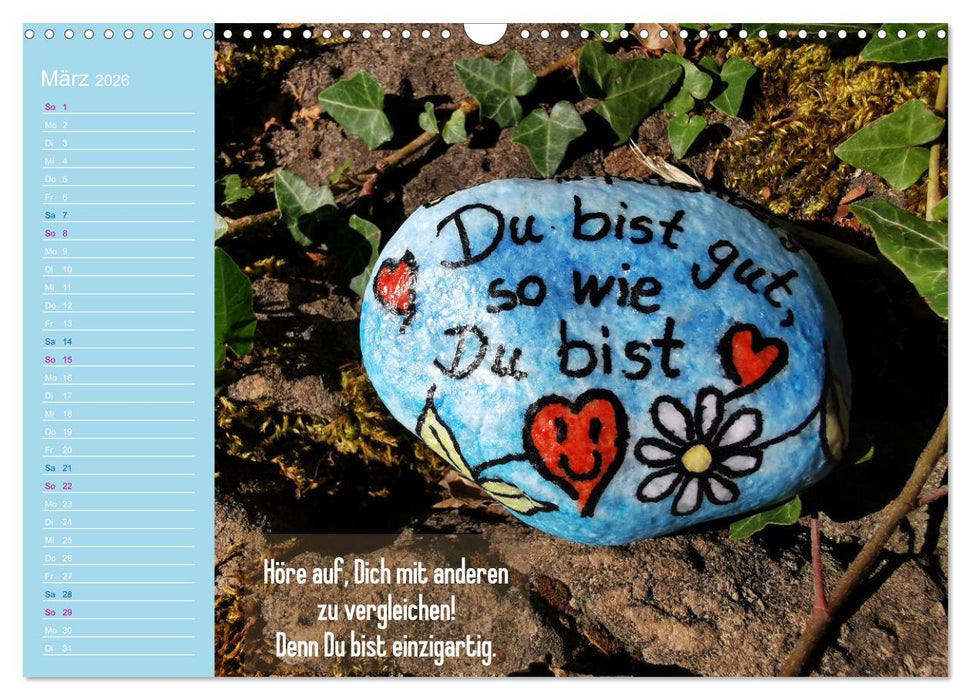 Achtsamkeitssteine - Inspirationen & Mutmacher-Sprüche für Dich (CALVENDO Wandkalender 2026)