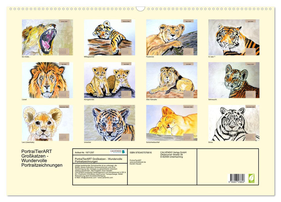 PortraiTierART Großkatzen - Wundervolle Portraitzeichnungen (CALVENDO Wandkalender 2026)
