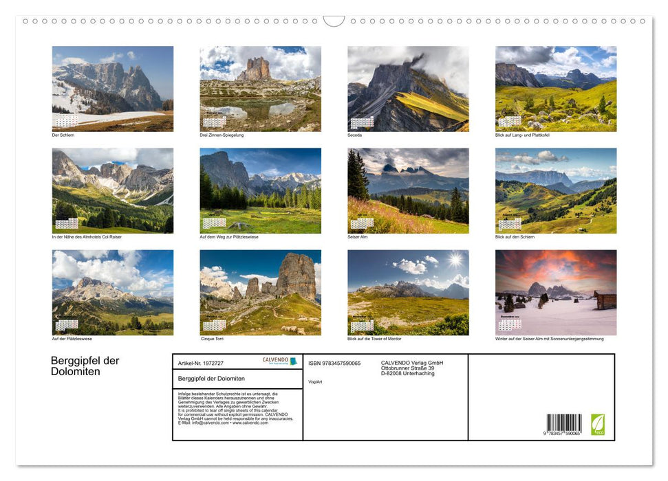 Berggipfel der Dolomiten (CALVENDO Wandkalender 2026)