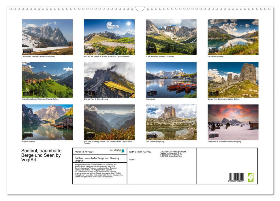 Südtirol, traumhafte Berge und Seen by VogtArt (CALVENDO Wandkalender 2026)