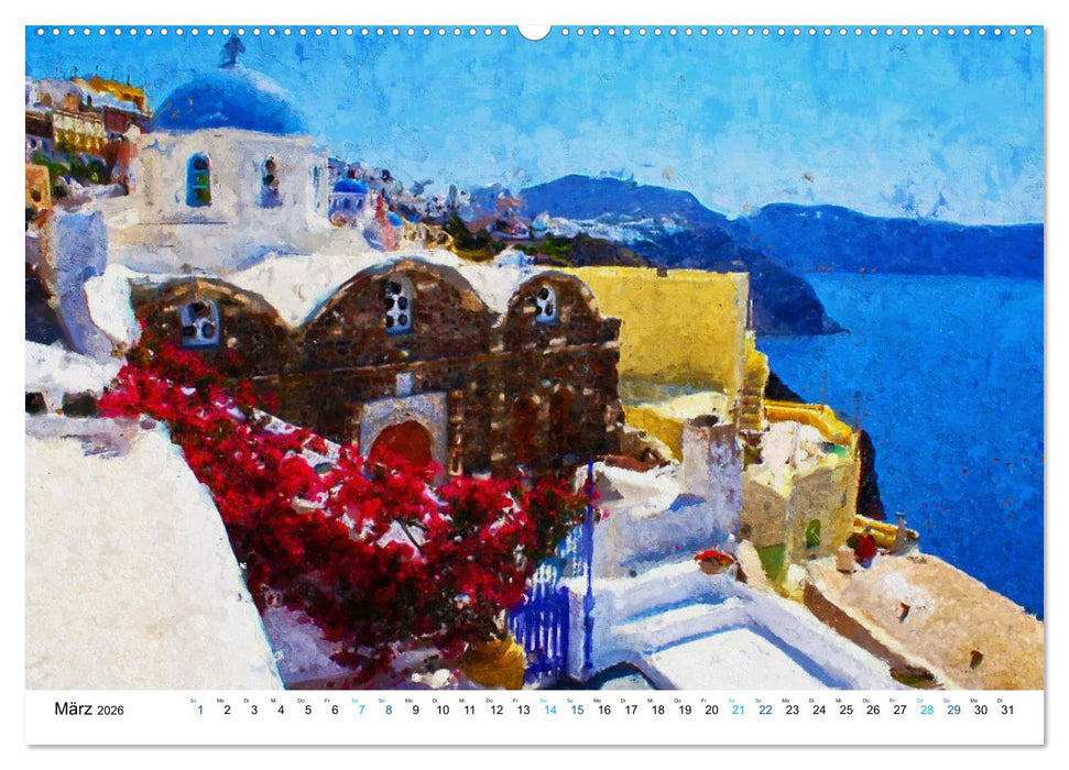 Urlaub auf Santorin - Gemalte Ansichten der Kykladeninsel (CALVENDO Wandkalender 2026)