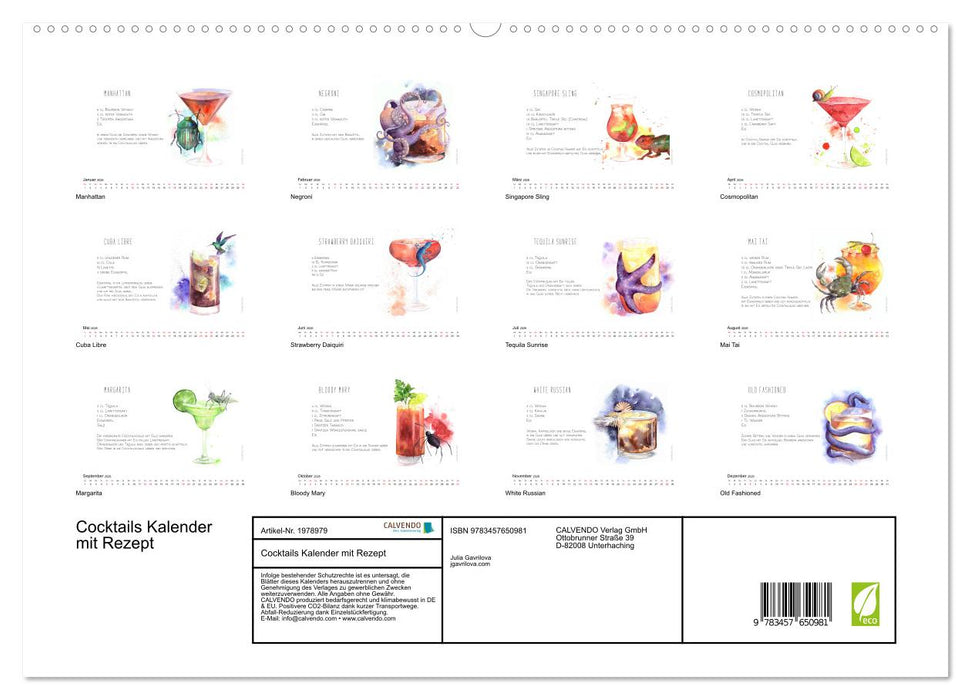 Cocktails Kalender mit Rezept (CALVENDO Premium Wandkalender 2026)