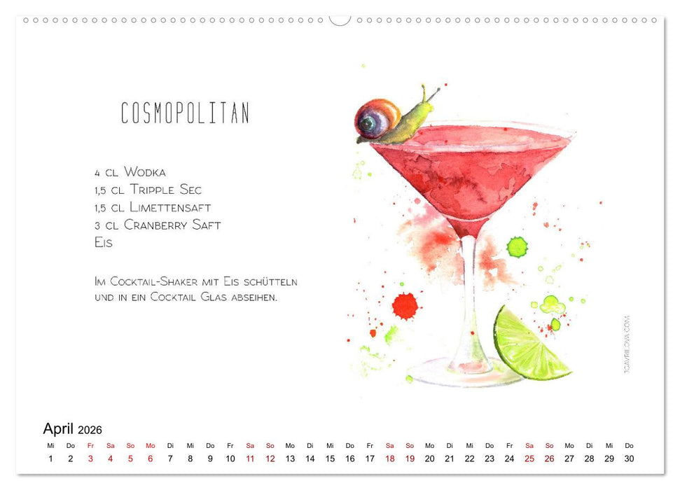 Cocktails Kalender mit Rezept (CALVENDO Premium Wandkalender 2026)
