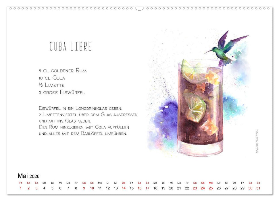 Cocktails Kalender mit Rezept (CALVENDO Premium Wandkalender 2026)