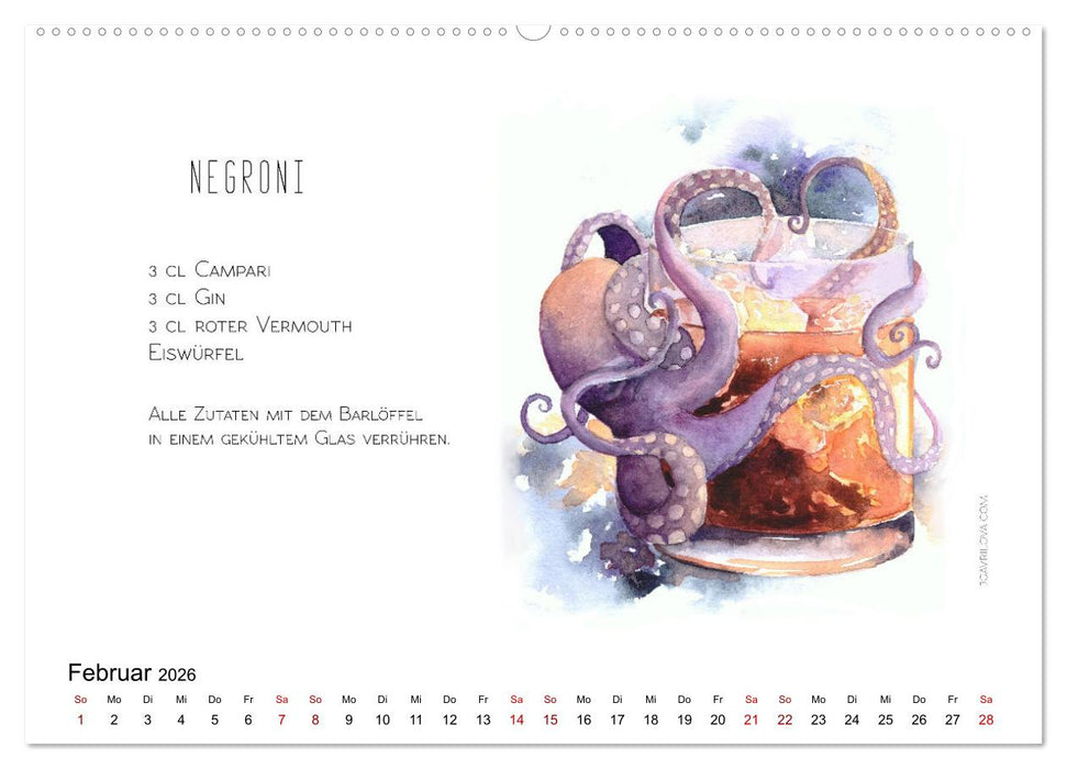 Cocktails Kalender mit Rezept (CALVENDO Wandkalender 2026)