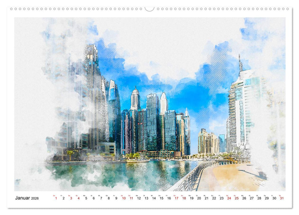 Dubai - Impressionen in Aquarell (CALVENDO Premium Wandkalender 2026)