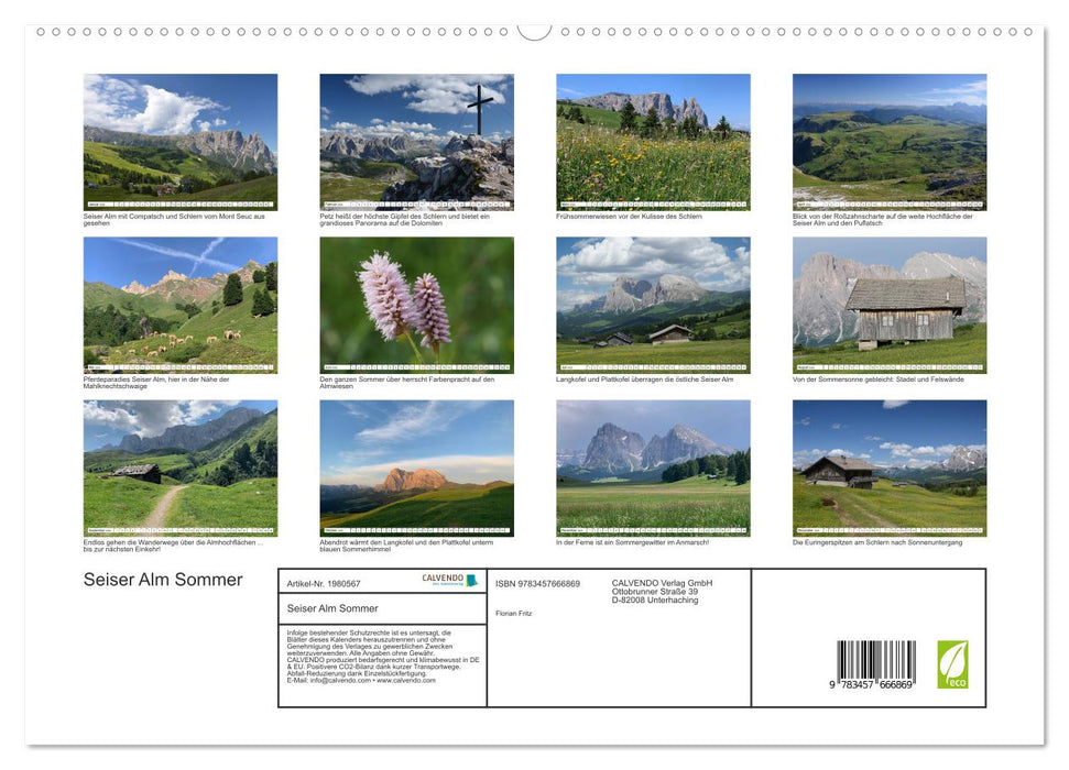 Seiser Alm Sommer (CALVENDO Premium Wandkalender 2026)