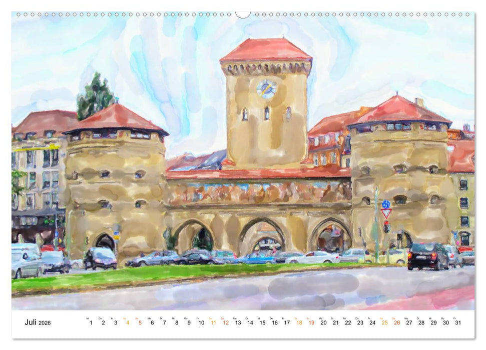 München - Bayerns Landeshauptstadt in Aquarellfarben (CALVENDO Premium Wandkalender 2026)