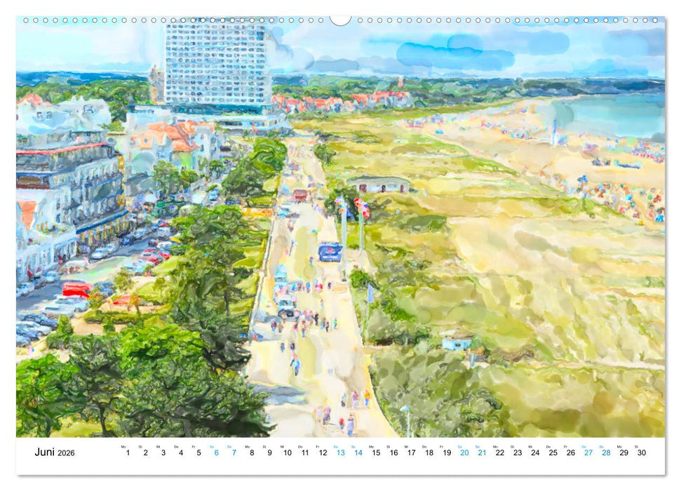 Warnemünde - Die Ostseestadt illustriert in Aquarell (CALVENDO Premium Wandkalender 2026)