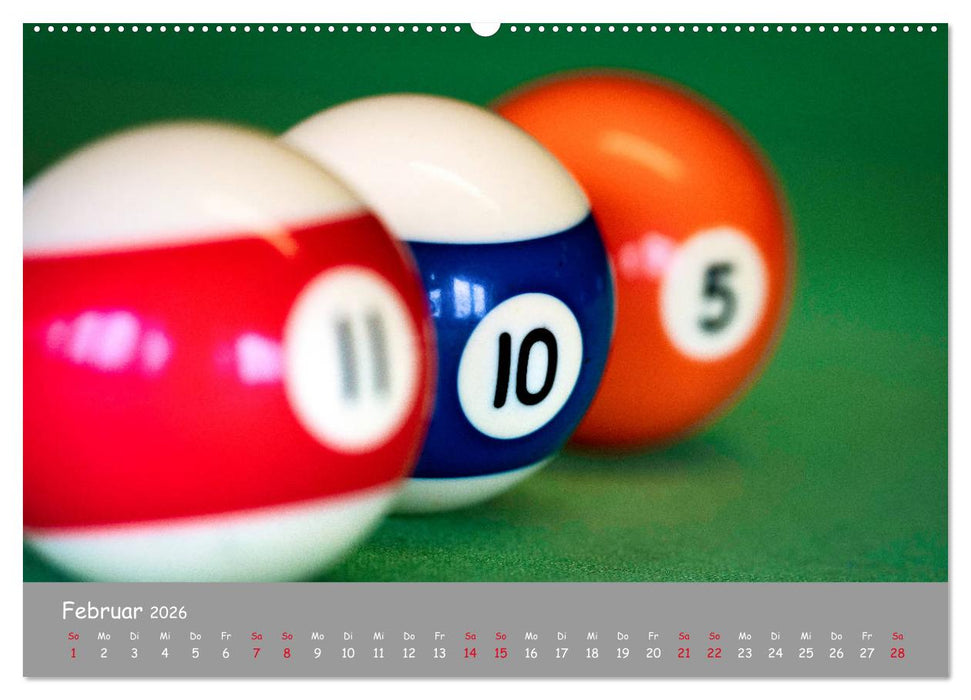 Freizeit Billard - Queue, Kugeln, Kreide und Tisch (CALVENDO Premium Wandkalender 2026)