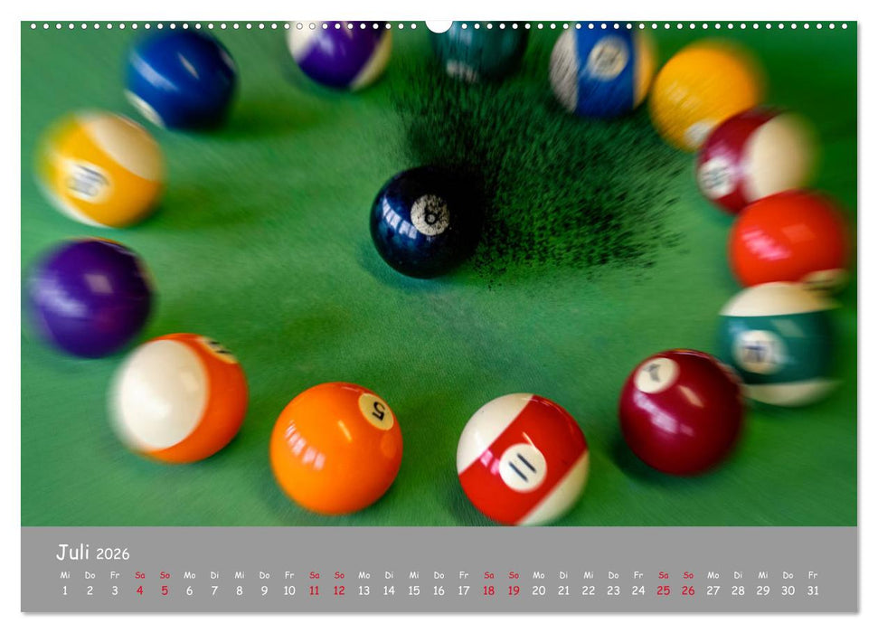 Freizeit Billard - Queue, Kugeln, Kreide und Tisch (CALVENDO Premium Wandkalender 2026)