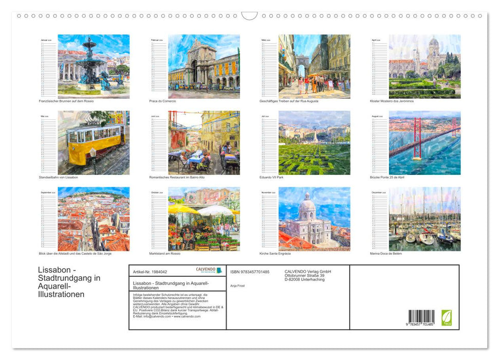 Lissabon - Stadtrundgang in Aquarell-Illustrationen (CALVENDO Wandkalender 2026)