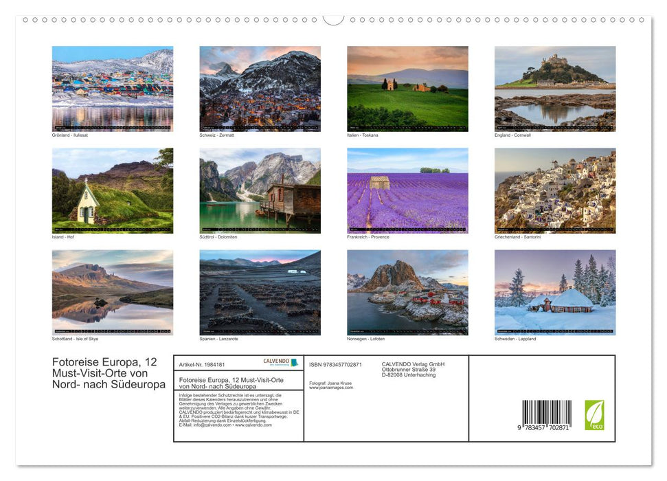 Fotoreise Europa, 12 Must-Visit-Orte von Nord- nach Südeuropa (CALVENDO Premium Wandkalender 2026)