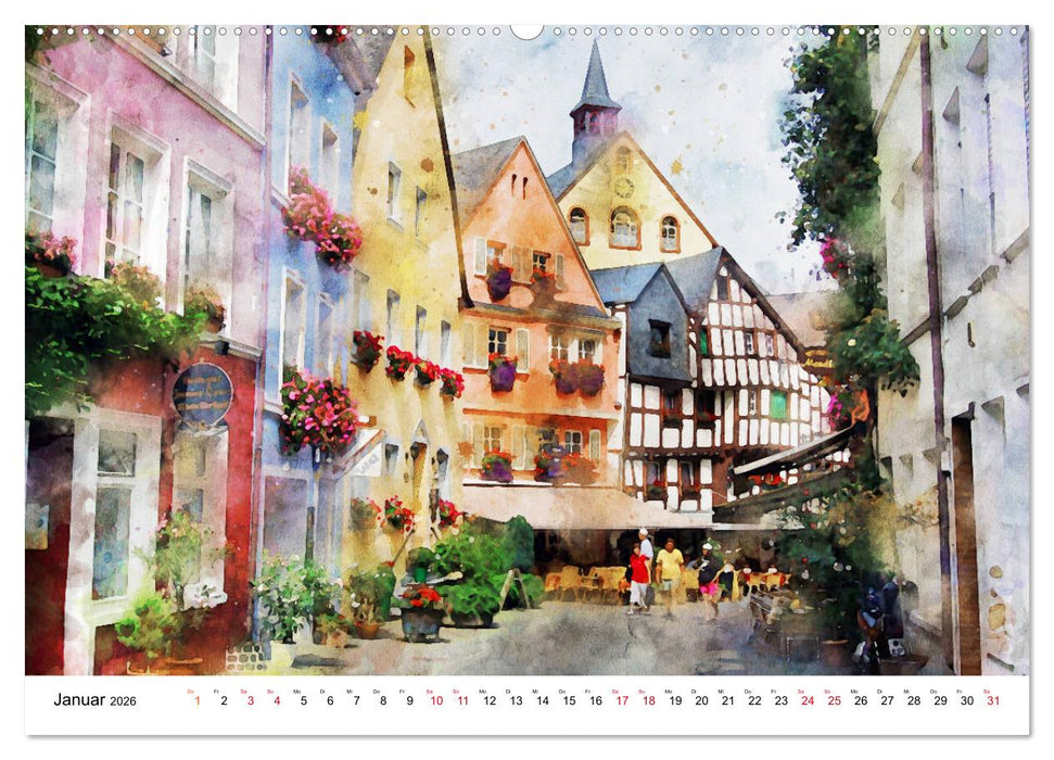 Bernkastel-Kues - Stadtrundgang in Aquarell (CALVENDO Wandkalender 2026)