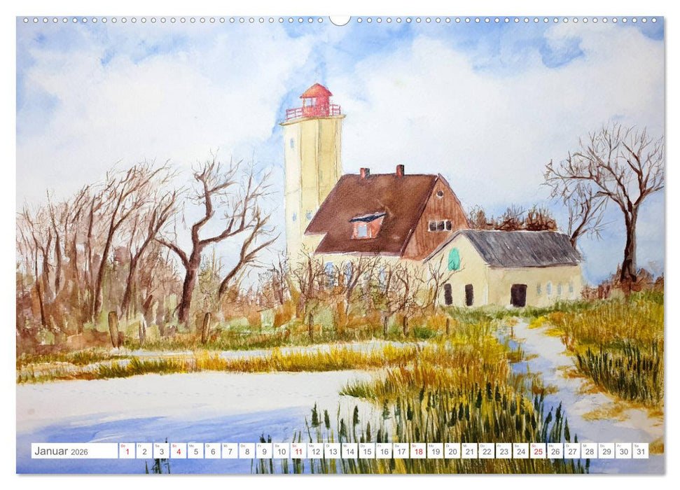 Gemalte Leuchttürme - Mit Pinsel und Farbe entlang der deutschen Küste (CALVENDO Wandkalender 2026)