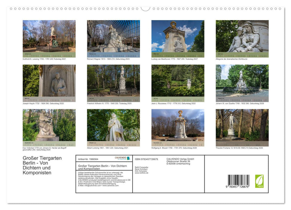 Großer Tiergarten Berlin - Von Dichtern und Komponisten (CALVENDO Premium Wandkalender 2026)