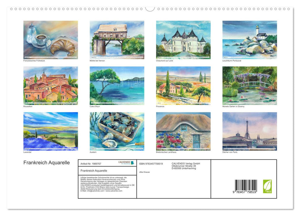 Frankreich Aquarelle (CALVENDO Premium Wandkalender 2026)