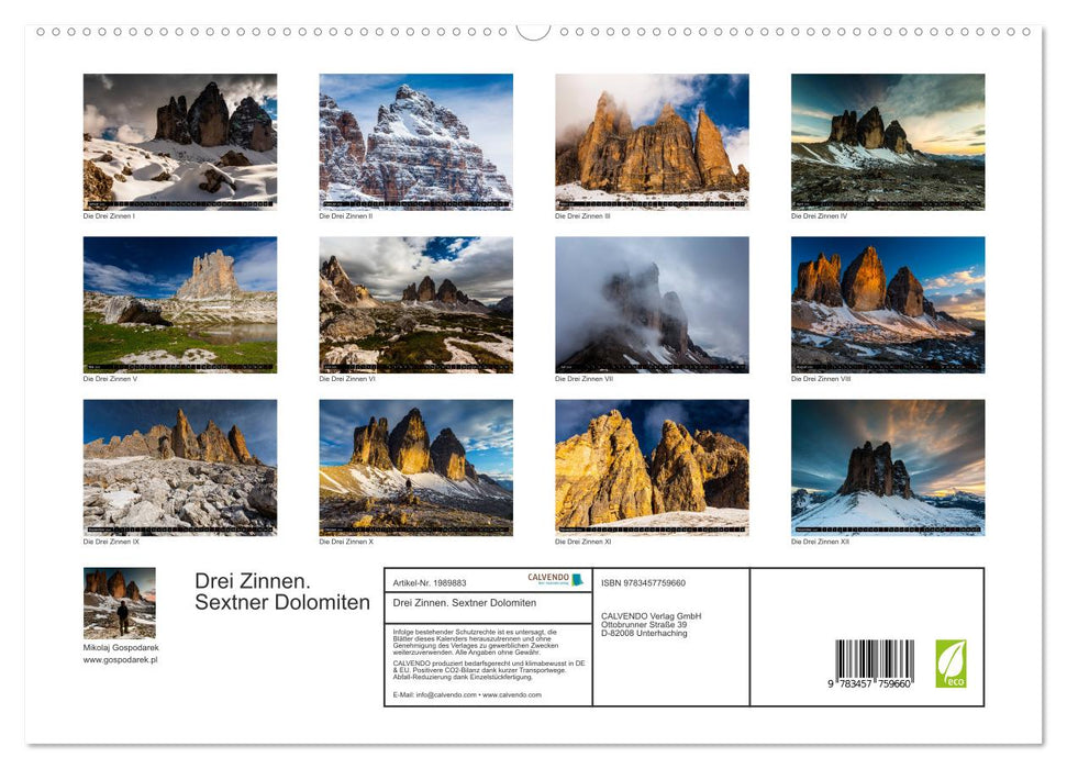 Drei Zinnen. Sextner Dolomiten (CALVENDO Premium Wandkalender 2026)