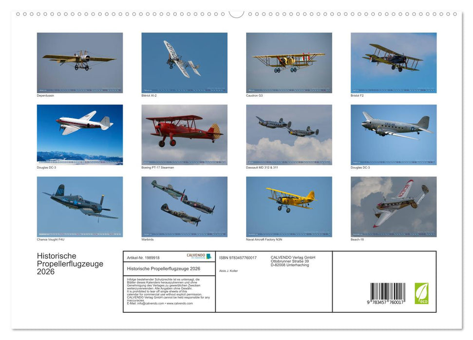 Historische Propellerflugzeuge 2026 (CALVENDO Premium Wandkalender 2026)