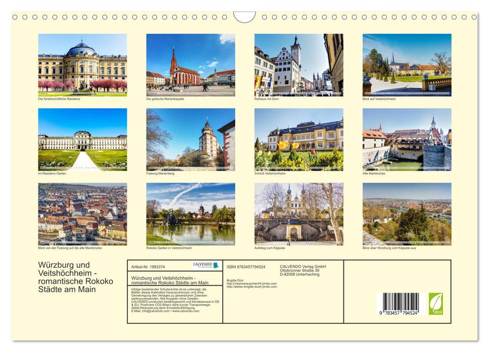 Würzburg und Veitshöchheim - romantische Rokoko Städte am Main (CALVENDO Wandkalender 2026)