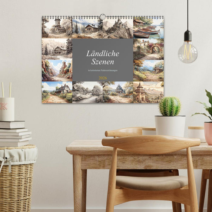 Ländliche Szenen in kolorierten Federzeichnungen (CALVENDO Wandkalender 2026)