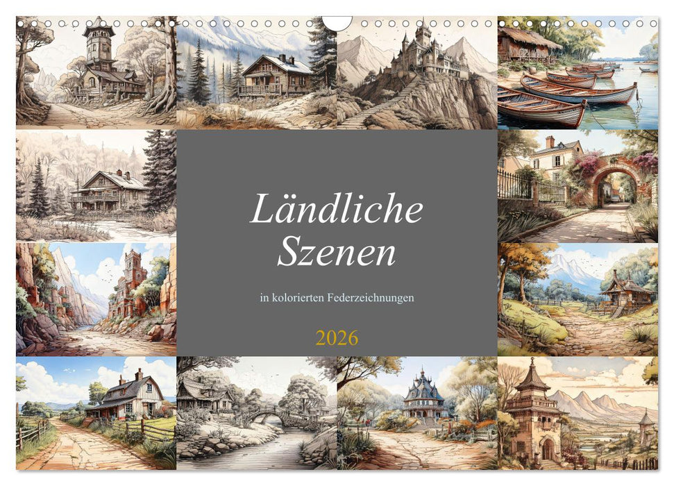 Ländliche Szenen in kolorierten Federzeichnungen (CALVENDO Wandkalender 2026)