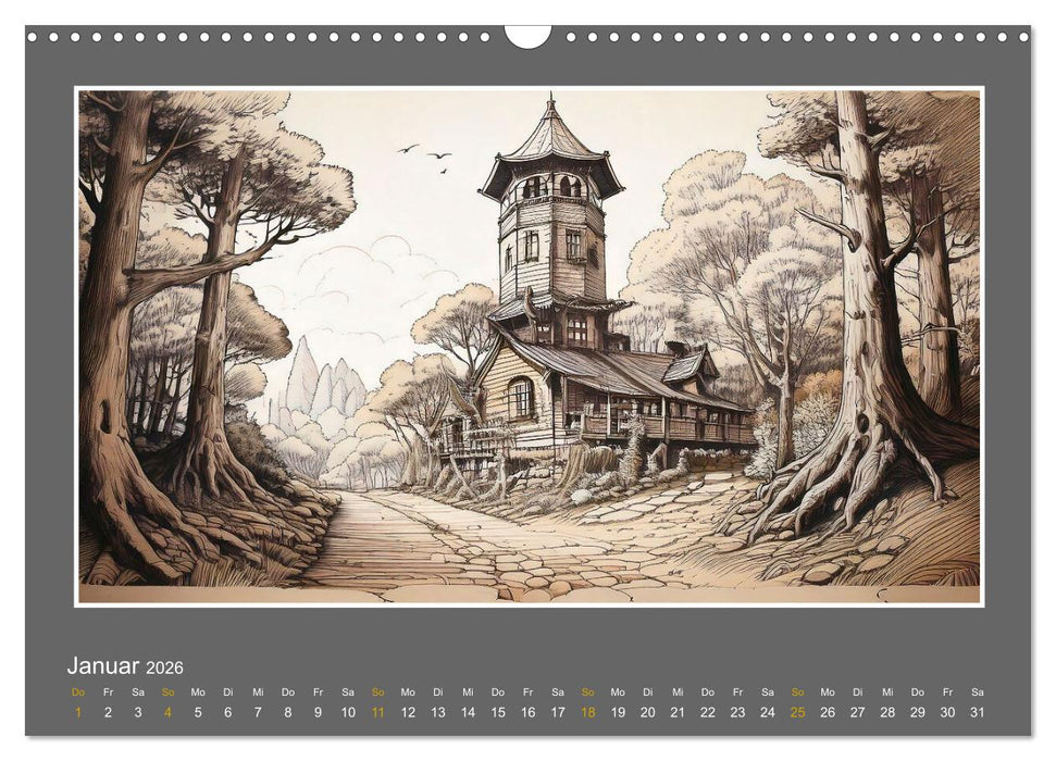 Ländliche Szenen in kolorierten Federzeichnungen (CALVENDO Wandkalender 2026)