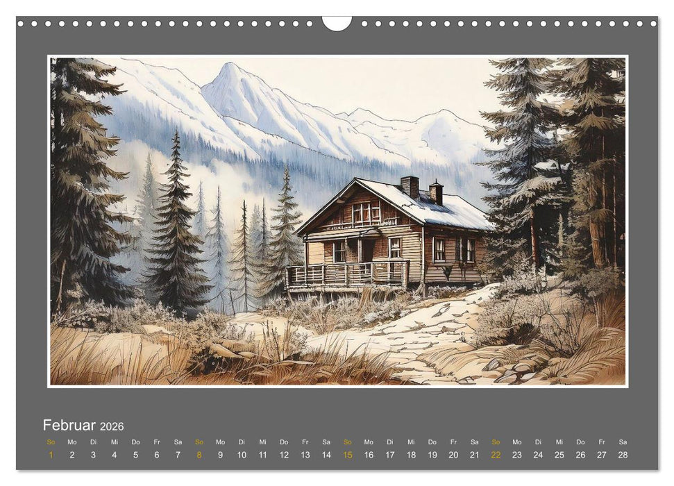 Ländliche Szenen in kolorierten Federzeichnungen (CALVENDO Wandkalender 2026)