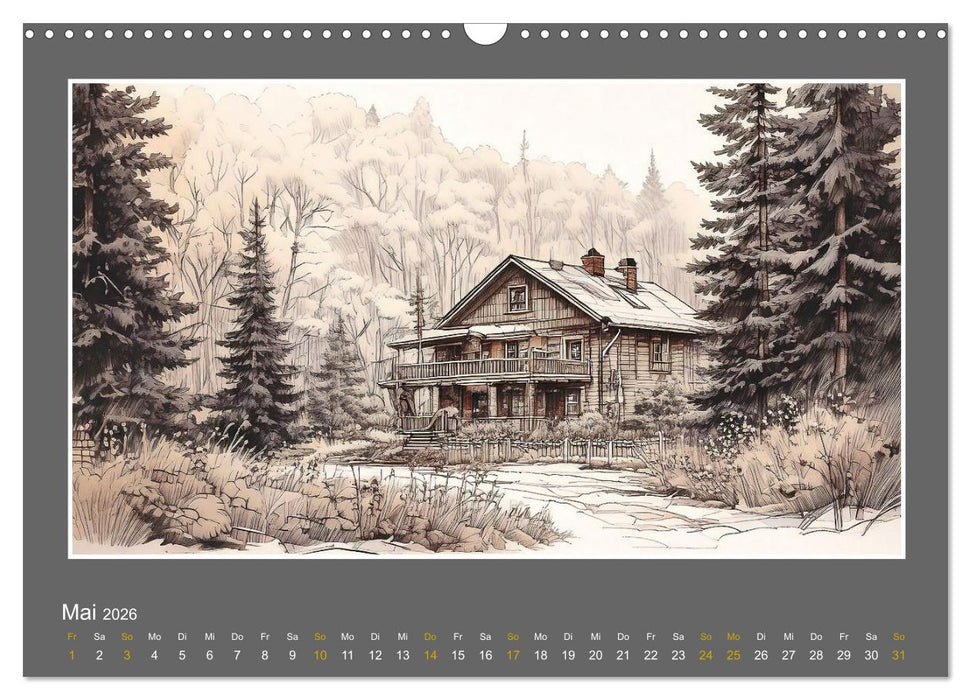 Ländliche Szenen in kolorierten Federzeichnungen (CALVENDO Wandkalender 2026)