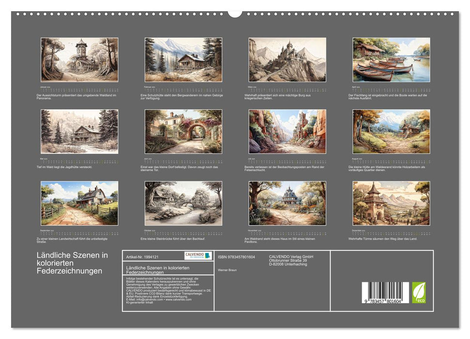 Ländliche Szenen in kolorierten Federzeichnungen (CALVENDO Premium Wandkalender 2026)