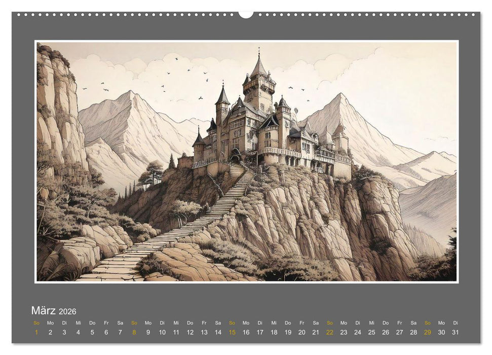 Ländliche Szenen in kolorierten Federzeichnungen (CALVENDO Premium Wandkalender 2026)