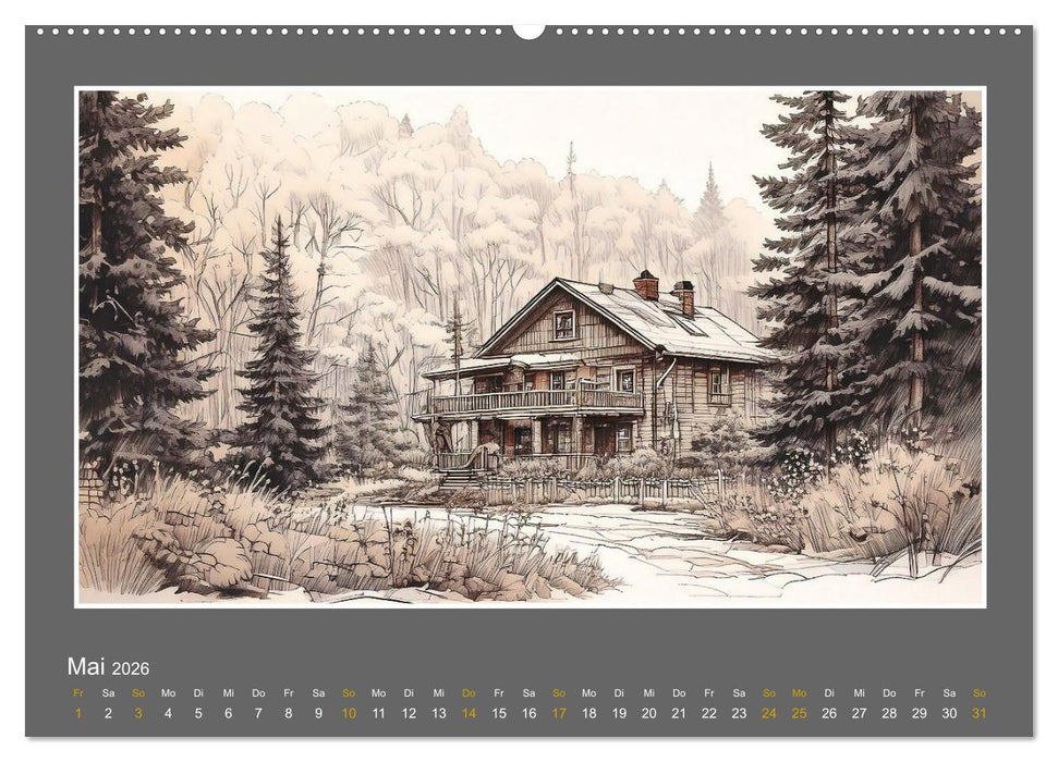 Ländliche Szenen in kolorierten Federzeichnungen (CALVENDO Premium Wandkalender 2026)