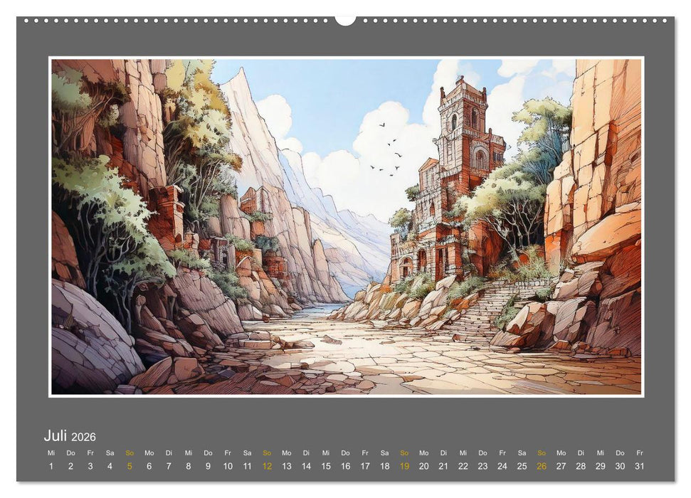 Ländliche Szenen in kolorierten Federzeichnungen (CALVENDO Premium Wandkalender 2026)