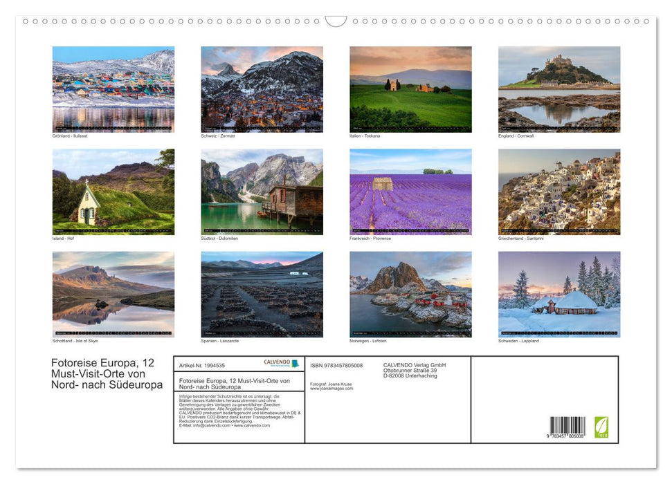 Fotoreise Europa, 12 Must-Visit-Orte von Nord- nach Südeuropa (CALVENDO Wandkalender 2026)