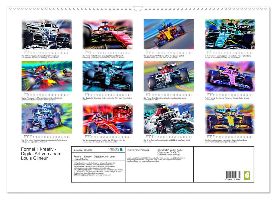 Formel 1 kreativ - Digital Art von Jean-Louis Glineur (CALVENDO Wandkalender 2026)