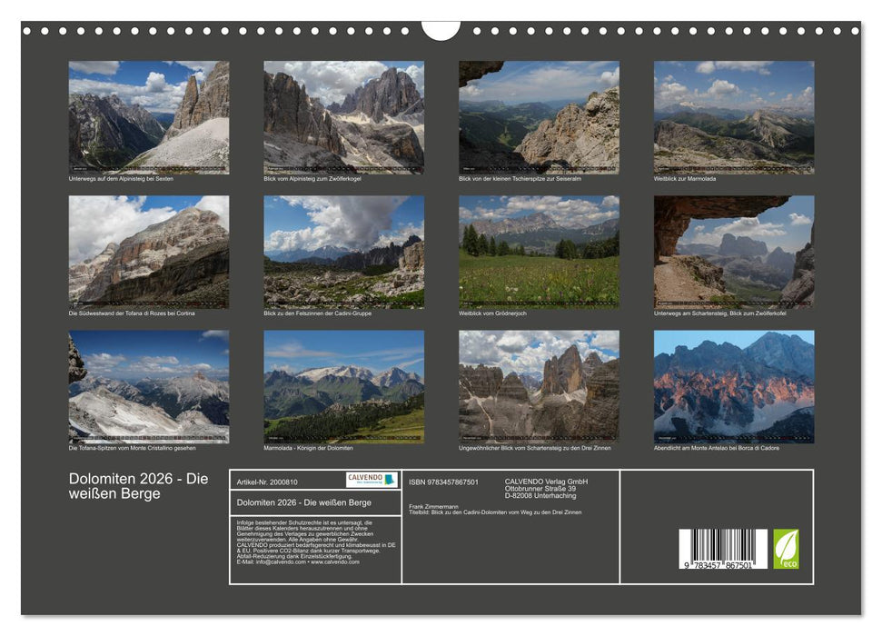 Dolomiten 2026 - Die weißen Berge (CALVENDO Wandkalender 2026)