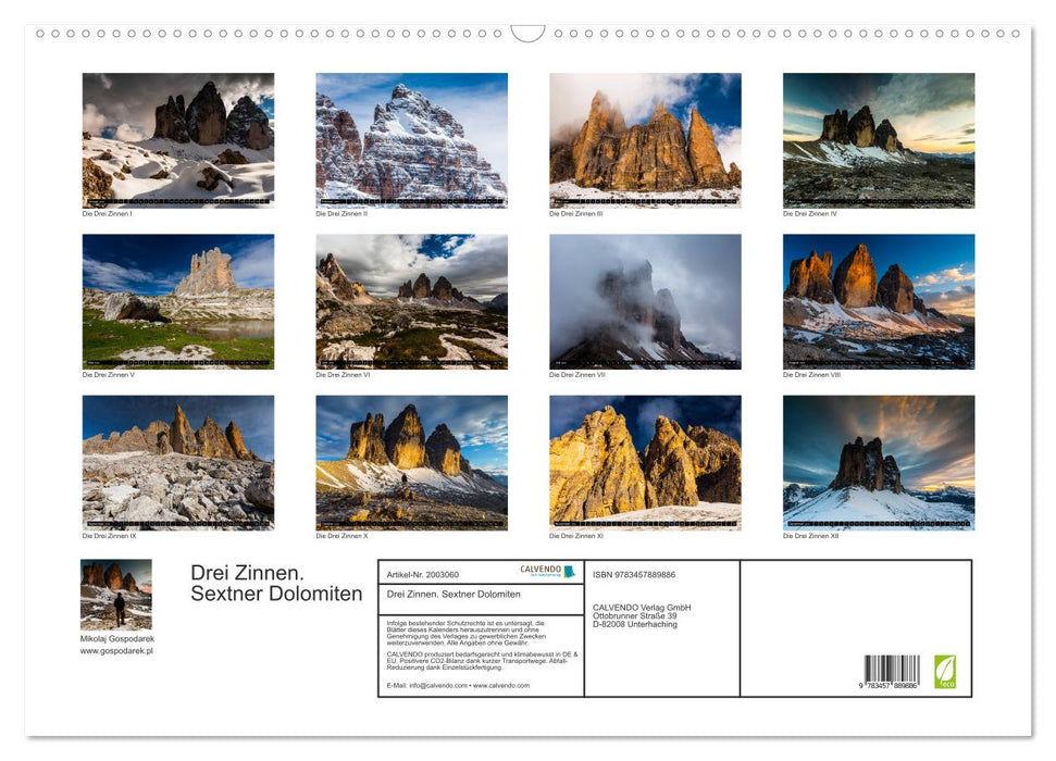 Drei Zinnen. Sextner Dolomiten (CALVENDO Wandkalender 2026)