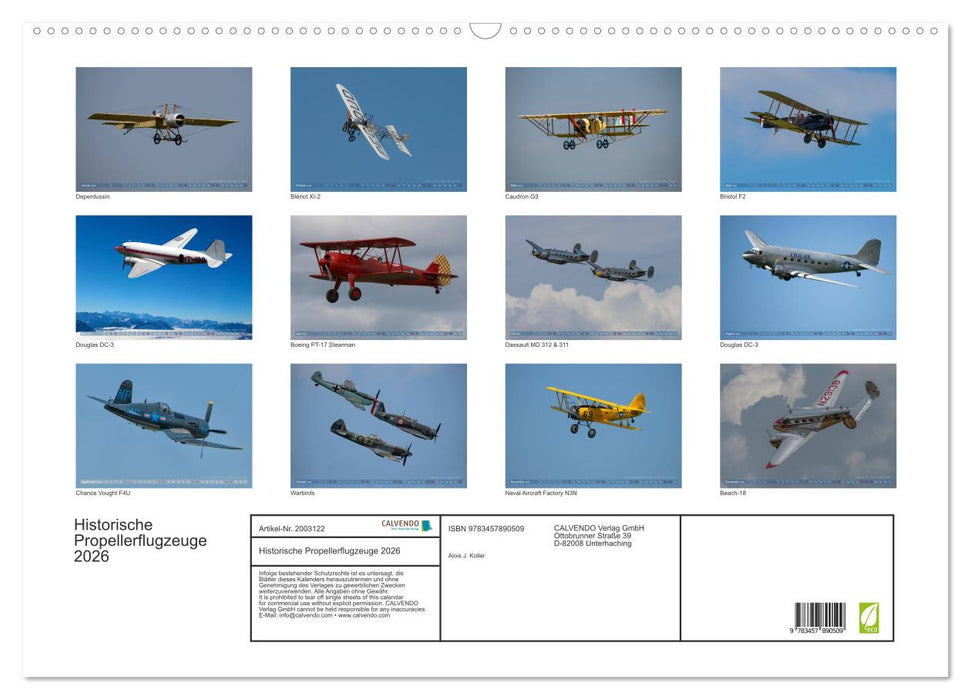 Historische Propellerflugzeuge 2026 (CALVENDO Wandkalender 2026)