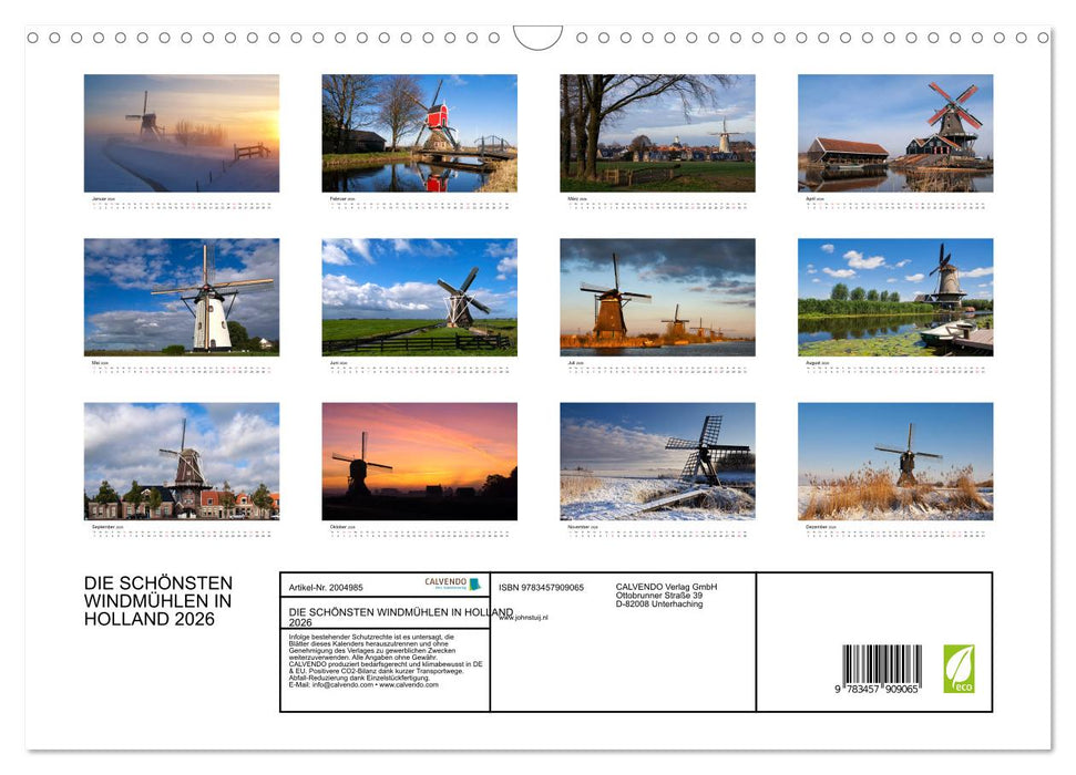 DIE SCHÖNSTEN WINDMÜHLEN IN HOLLAND 2026 (CALVENDO Wandkalender 2026)