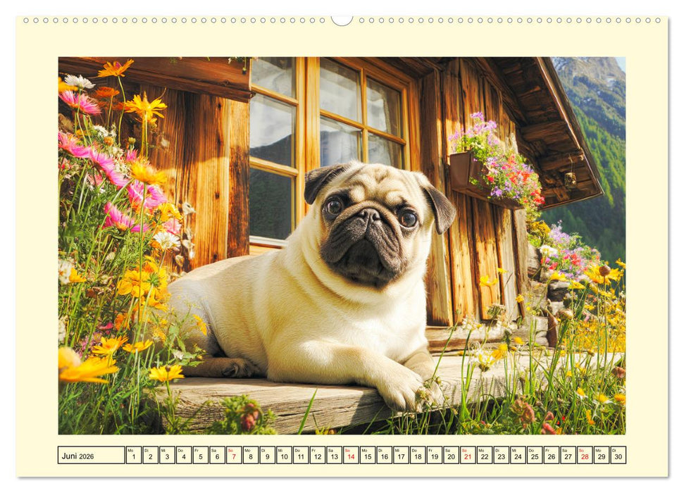 Mops trifft Berglust. Fidele Gipfelstürmer im Höhenrausch (CALVENDO Wandkalender 2026)
