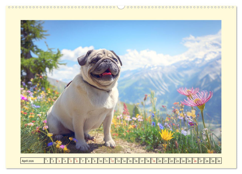 Mops trifft Berglust. Fidele Gipfelstürmer im Höhenrausch (CALVENDO Premium Wandkalender 2026)