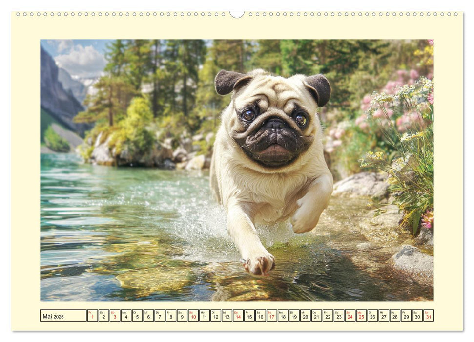 Mops trifft Berglust. Fidele Gipfelstürmer im Höhenrausch (CALVENDO Premium Wandkalender 2026)