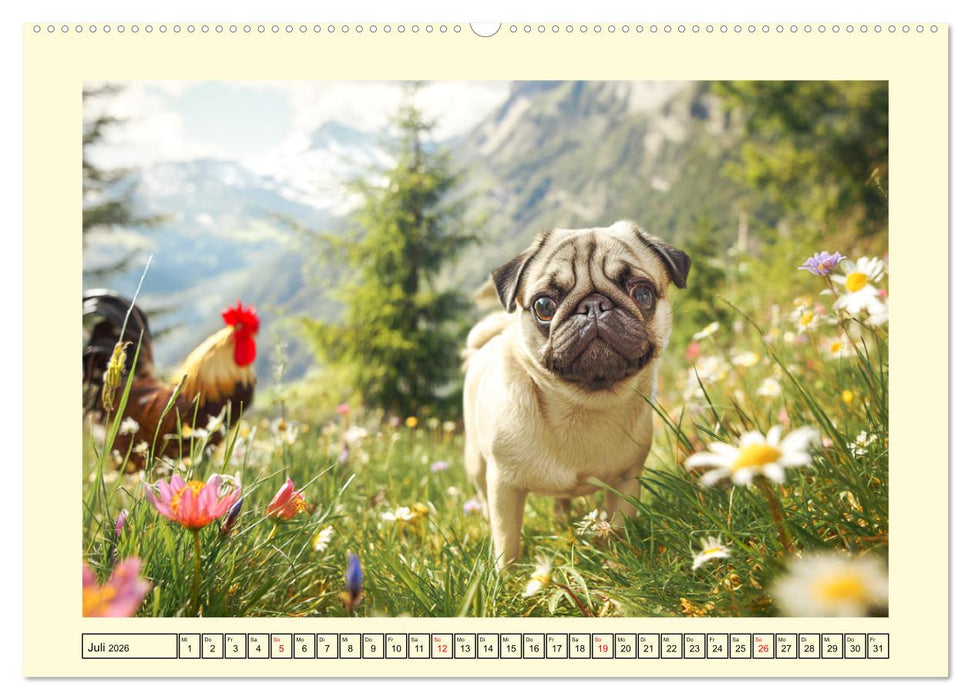 Mops trifft Berglust. Fidele Gipfelstürmer im Höhenrausch (CALVENDO Premium Wandkalender 2026)